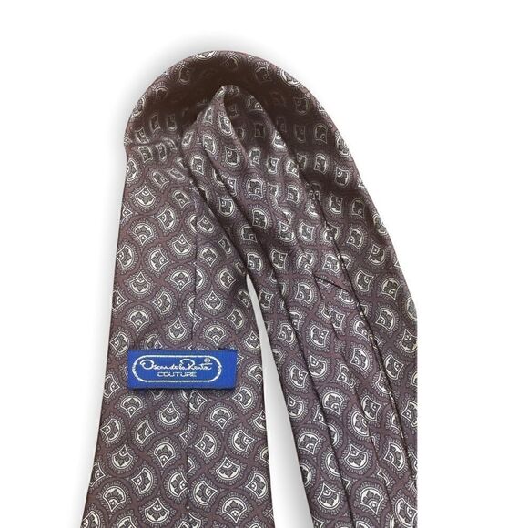 Oscar de la Renta Couture 100% silk tie brown tan pattern - Picture 3 of 8